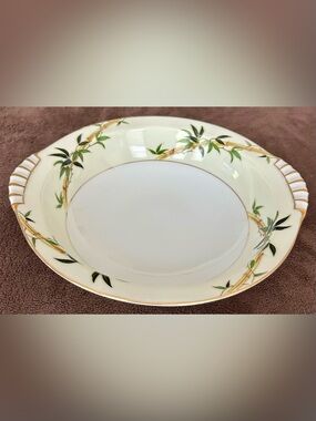 KENT China Elegant Bamboo-Trimmed White Serving Bowl